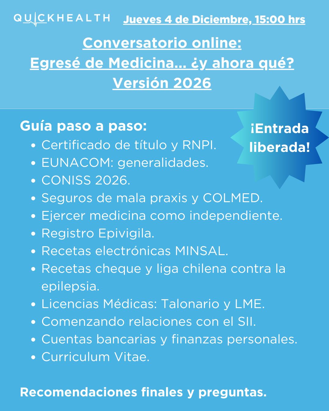Conversatorio Online: “Egresé de Medicina… ¿y ahora qué?” – Versión 2026